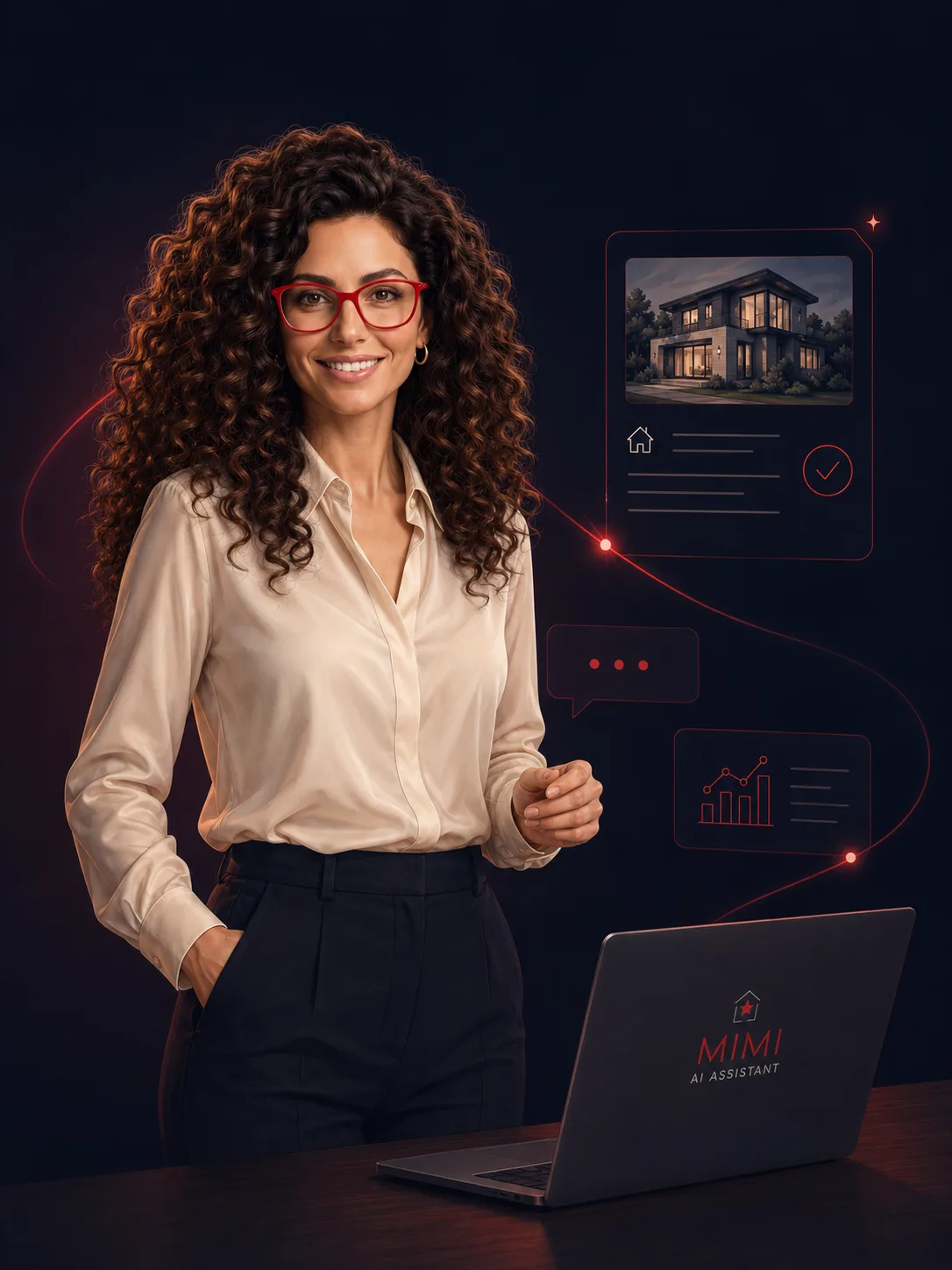 Mimi, die KI-Assistentin für Immobilienmakler, am Arbeitsplatz mit Exposé und Auswertung